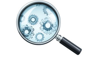 Close-up view of a magnifying glass showing mechanical gears, symbolizing exploration and mechanical engineering concepts. png