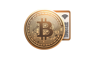 A digital Bitcoin symbol next to a wireless network card, symbolizing cryptocurrency technology and connectivity in the financial world. png