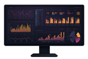 Colorful graphs and charts on a computer monitor display financial data analytics, perfect for technology and business presentations. png