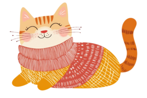 Charming illustration of a cat in a colorful sweater, perfect for cozy and playful design projects. Ideal for card or scrapbook elements. png