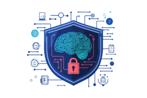 Digital shield with brain and lock depicting cybersecurity and artificial intelligence concept in a modern tech design. png