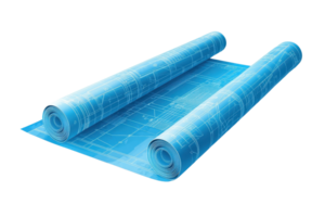 Detailed architectural blueprint rolls displaying floor plans and technical designs on a transparent surface, perfect for engineering projects. png