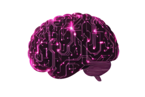 Digital illustration of a glowing brain with circuit patterns, symbolizing artificial intelligence and technological innovation. png