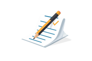 Illustration of a pencil resting on a spiral notebook with a checkmark, representing planning, writing, or note-taking. png