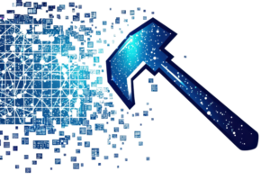 Conceptual digital transformation image showing a pixelated hammer breaking into a network of interconnected blue nodes. png