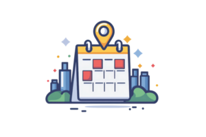 Illustration of a calendar with cityscape backdrop, integrating business scheduling and urban planning concepts for modern efficiency. png
