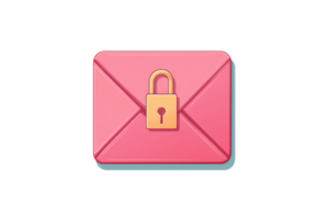 Illustration of a secured pink envelope with a gold lock symbol, representing email privacy and data protection in digital communication. png