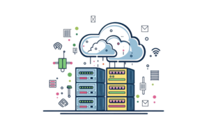 Illustration of cloud computing server, data storage concept. Modern digital technology and innovation in IT infrastructure. png