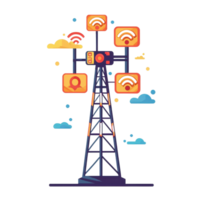 Illustration of a communication tower with digital signals, symbolizing connectivity, technology, and global communication. png