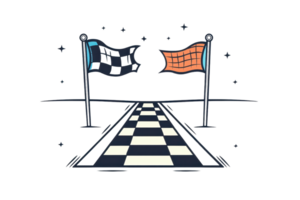 Illustration of a racing finish line with checkered flags. Ideal for themes of competition, speed, and achievement. png