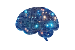 Digital brain illustration with electronic circuits and glowing lights, depicting artificial intelligence and futuristic technology concepts. png