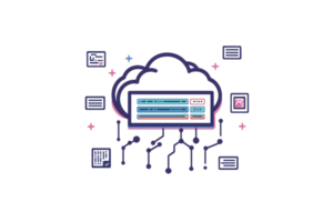 Illustration of cloud computing technology, showcasing data storage and network service connections in a digital environment. png