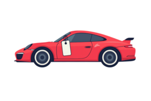 Illustration of a red sports car with a price tag, viewed from the side, symbolizing luxury, speed, and style in automotive design. png