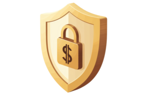 Golden shield with a lock and dollar symbol, symbolizing financial security and protection in digital commerce and online transactions. png