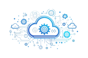 Illustration of cloud computing concept with digital gears and circuits, symbolizing data management and technology innovation. png