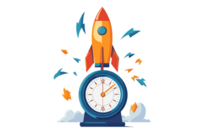 Illustration of a rocket launching behind a clock, symbolizing productivity, time management, and effective goal setting. png