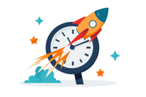 Illustration of a rocket launching from a clock, symbolizing speed, progress, and urgency in achieving goals and deadlines. png