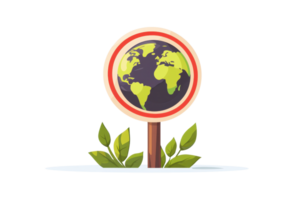 Illustration of a colorful globe sign set in lush greenery, symbolizing environmental awareness and global connection. png