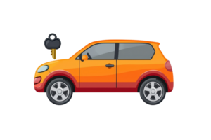 Illustration of a vibrant orange cartoon car with a key in the lock, showcasing a playful and simple design on a transparent background. png