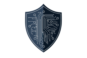 Illustration of a digital shield with circuit design, symbolizing cybersecurity, protection, and digital defense in technology. png