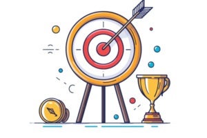 Illustration of a target with an arrow, coin, and trophy, symbolizing success, achievement, goal setting, and competition in a creative style. png