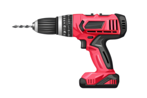Illustration of a red and black cordless electric drill with a drill bit, isolated on a transparent background. perfect for construction themes. png
