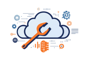 Illustration of cloud computing with a wrench symbolizing digital tool and technology integration for efficient data management. png
