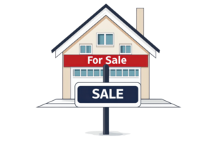 Illustration of a house with a 'For Sale' sign in front, symbolizing real estate opportunities and home buying. png