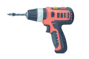 Illustration of a red and black cordless drill with a drill bit, ideal for construction, DIY projects, or home improvement tasks. png