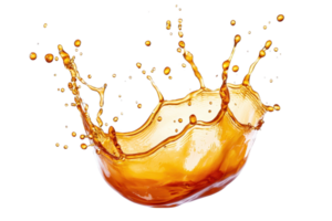 Dynamic splash of amber liquid frozen in mid-air against a transparent background. capturing the fluid's motion and energy. png