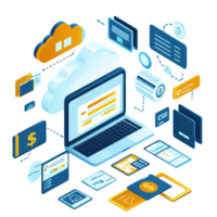 Illustration of cloud data storage and digital technology concept with connected devices and online applications. png