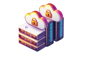 Illustration of cloud computing security with locked server racks, symbolizing data protection and cyber security in digital storage. png