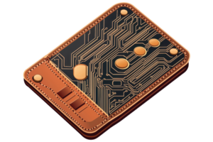 Futuristic digital wallet with circuit design, blending technology and finance, symbolizing innovation in digital transactions. png
