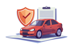ilustração do uma vermelho carro com uma prancheta e protetora escudo, simbolizando veículo seguro e proteção. ideal para cobertura conceitos. png