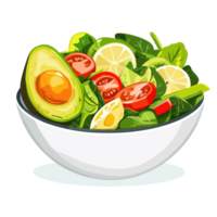 Fresh salad bowl with avocado, tomato, lemon, spinach, and egg slices, offering a colorful and healthy meal option in a white bowl. png