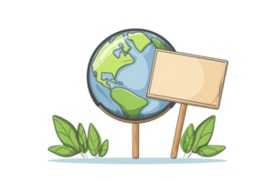 Illustration of the Earth with a blank sign and green leaves, representing environmental themes and global awareness. png