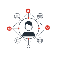 Minimalist network icon with central person silhouette, connected by lines to symbols representing communication and organization concepts. png