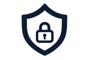 Minimalist illustration of a padlock inside a shield symbolizing security and protection, set against a transparent background. png