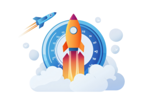 Illustration of rockets launching into the sky with a speedometer, symbolizing speed, success, and innovation in technology and business. png