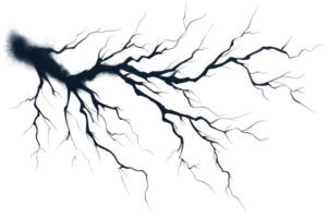 Striking visual of a lightning bolt branching out against a dark background, showcasing natural electric energy and dynamic atmospheric phenomenon. png