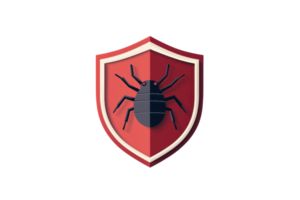 illustration of a red shield with a bug symbol, representing cybersecurity and antivirus protection. Ideal for tech and security concepts. png
