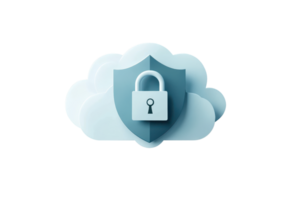 Secure cloud computing concept with a shield and padlock, symbolizing data protection, privacy, and cybersecurity in the digital age. png
