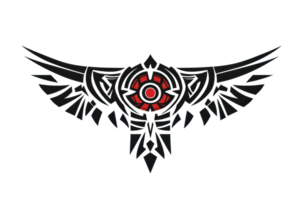 Intricate black and red tribal tattoo design. Symmetrical pattern with sharp edges and circular central element. illustration. png