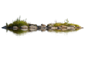 Serene natural island in reflective water with rocks and greenery, perfect for nature-themed designs and compositions. png