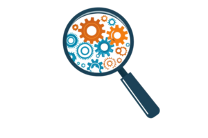 Magnifying glass focusing on colorful interconnected gears, symbolizing analysis, teamwork, and problem-solving in a digital context. png
