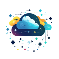 Stylized illustration of a digital cloud with data arrows and geometric elements, representing cloud computing and data transfer. png