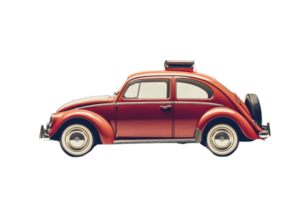 Vintage red toy car model with roof luggage. Retro vehicle in side view isolated on transparent background. Classic automobile collector's item. png