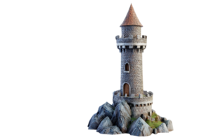 Medieval stone tower perched on rocky terrain, featuring a conical rooftop, represents ancient architecture and historical fortification. png