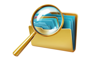 Magnifying glass focused on a yellow folder with blue documents, symbolizing search, analysis, and data exploration in digital files. png