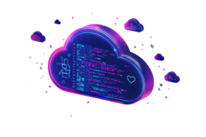 Vibrant 3D illustration of a cloud with digital code and floating heart icons, representing cloud computing and data storage technology. png